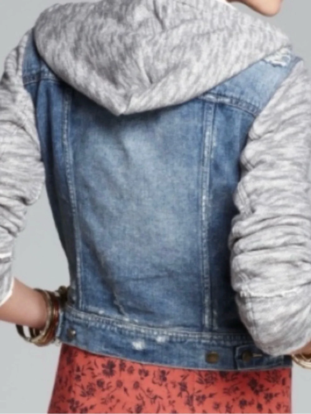 Free People Denim Jacket S/P Blue Wash Distressed Removable Hoodie French Terry - Picture 6 of 11